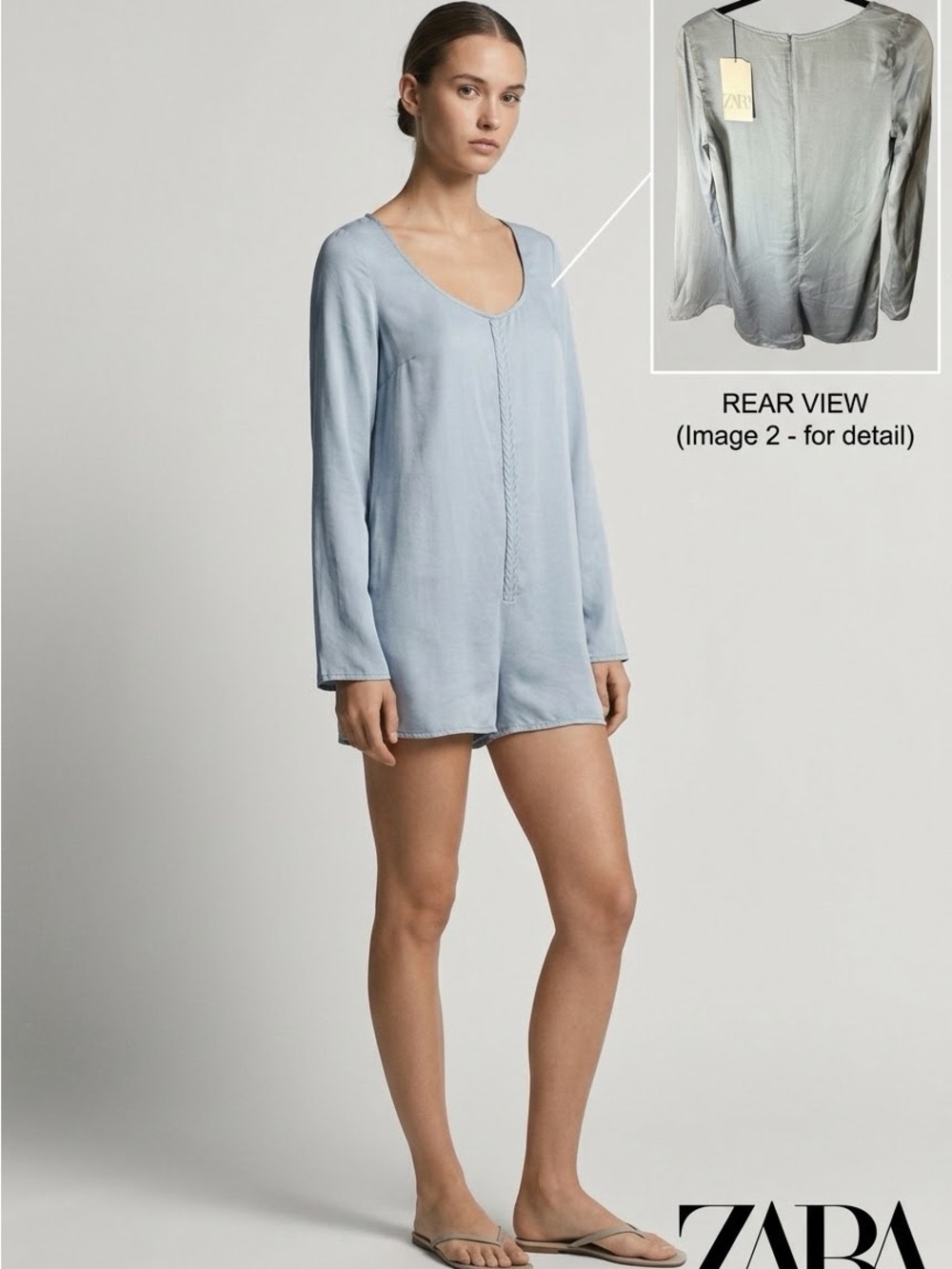 ZARA Pale Blue Long-Sleeve Satin Romper